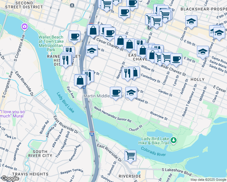map of restaurants, bars, coffee shops, grocery stores, and more near 52 Navasota Street in Austin
