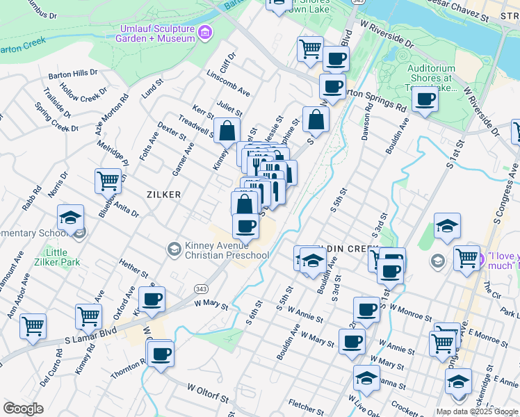 map of restaurants, bars, coffee shops, grocery stores, and more near 1108 South Lamar Boulevard in Austin