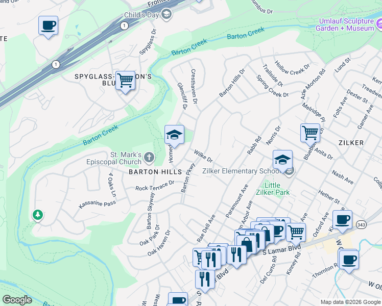 map of restaurants, bars, coffee shops, grocery stores, and more near 2506 Wilke Drive in Austin