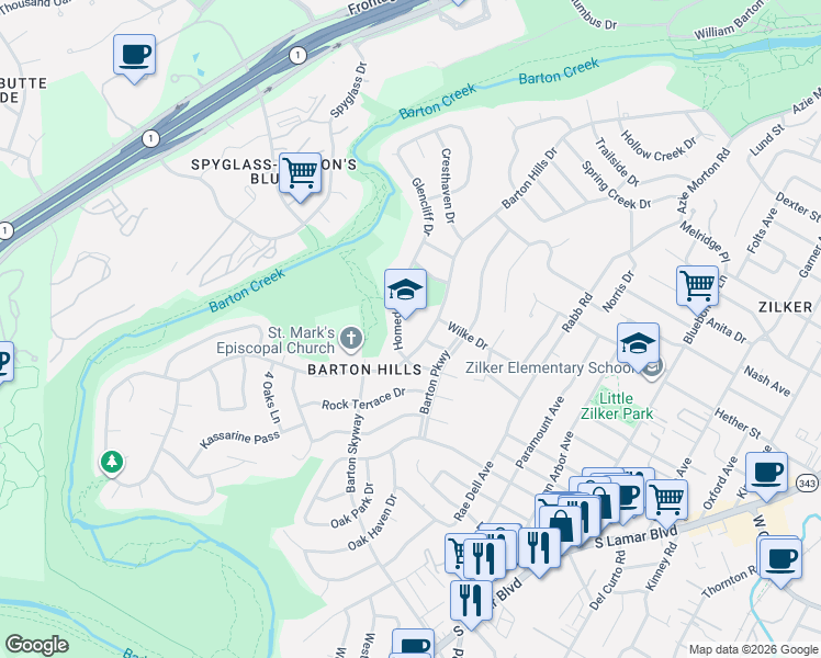 map of restaurants, bars, coffee shops, grocery stores, and more near 2009 Homedale Drive in Austin