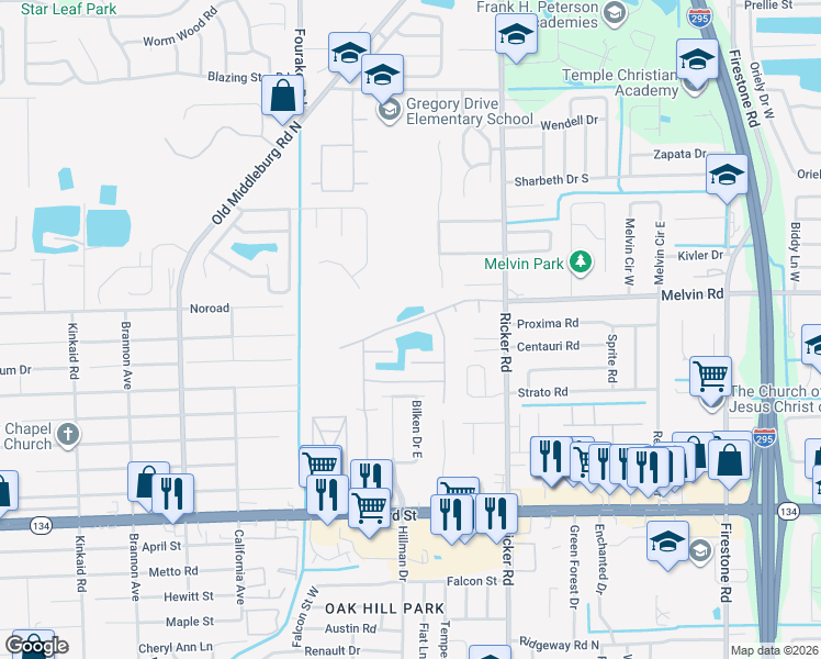 map of restaurants, bars, coffee shops, grocery stores, and more near 7770 Melvin Road in Jacksonville