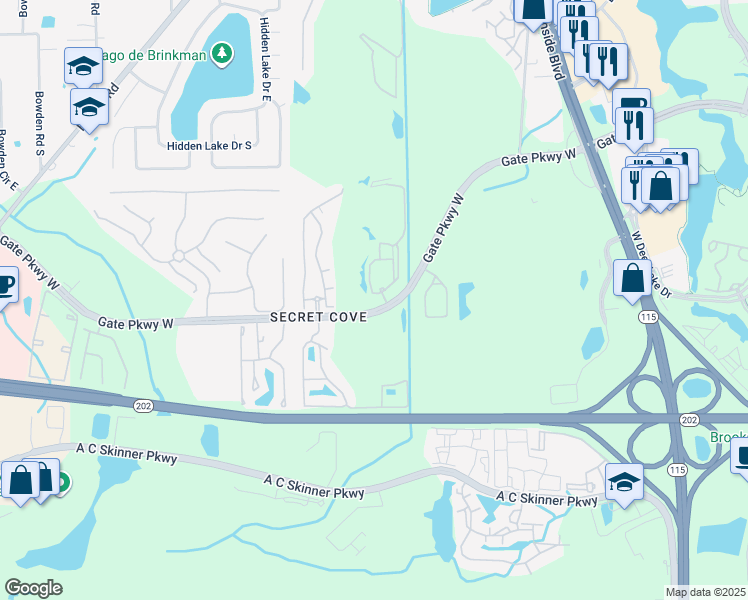 map of restaurants, bars, coffee shops, grocery stores, and more near 8539 Gate Parkway West in Jacksonville
