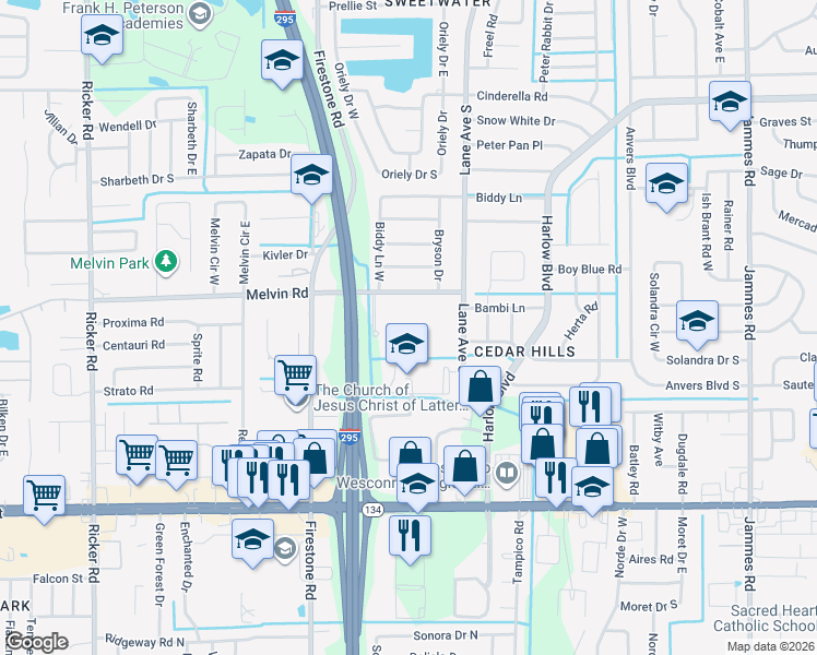 map of restaurants, bars, coffee shops, grocery stores, and more near 7050 Melvin Road in Jacksonville