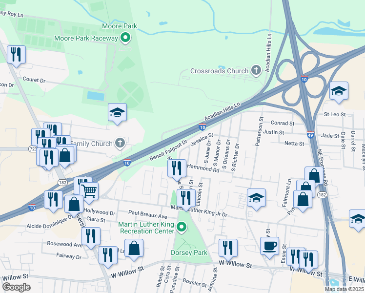 map of restaurants, bars, coffee shops, grocery stores, and more near Interstate 10 in Lafayette