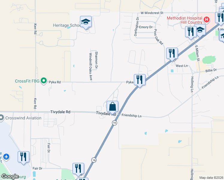 map of restaurants, bars, coffee shops, grocery stores, and more near 241 Pyka Road in Fredericksburg