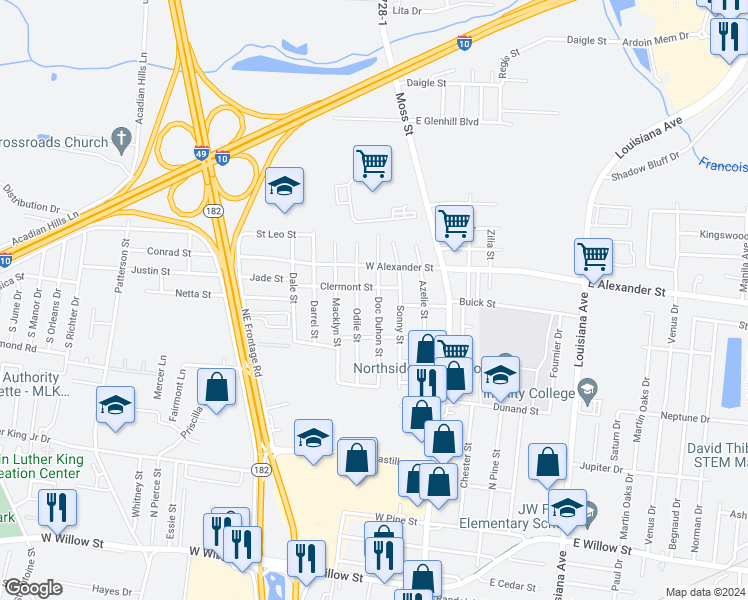 map of restaurants, bars, coffee shops, grocery stores, and more near 204 Doc Duhon Street in Lafayette