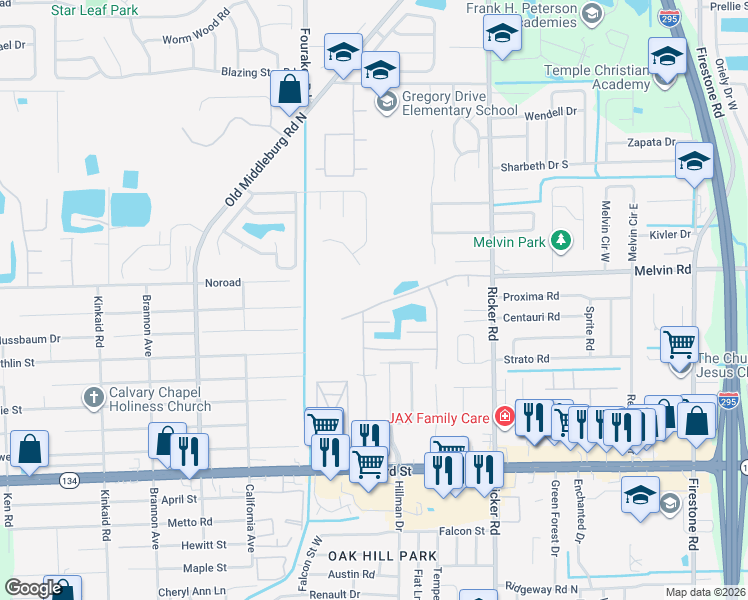 map of restaurants, bars, coffee shops, grocery stores, and more near 7855 Melvin Road in Jacksonville