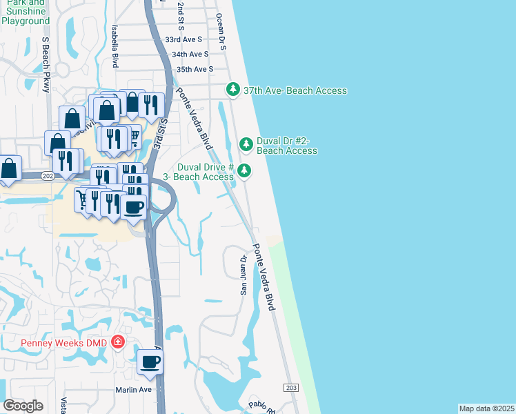 map of restaurants, bars, coffee shops, grocery stores, and more near 4241 Duval Drive in Jacksonville Beach