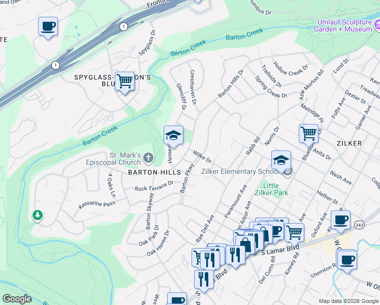 map of restaurants, bars, coffee shops, grocery stores, and more near 2505 Wilke Drive in Austin