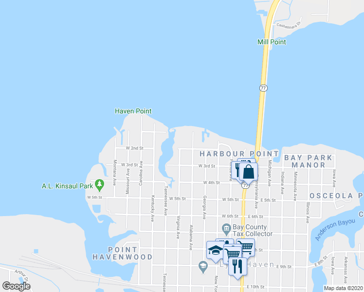 map of restaurants, bars, coffee shops, grocery stores, and more near 506 West 2nd Street in Lynn Haven