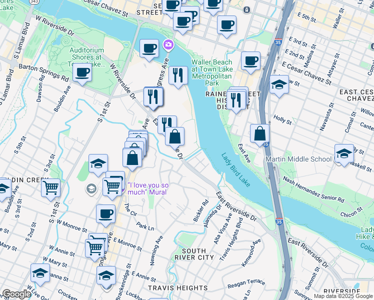 map of restaurants, bars, coffee shops, grocery stores, and more near 300 East Riverside Drive in Austin