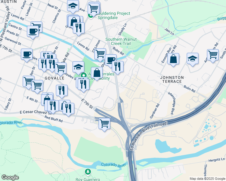 map of restaurants, bars, coffee shops, grocery stores, and more near 764 Airport Boulevard in Austin