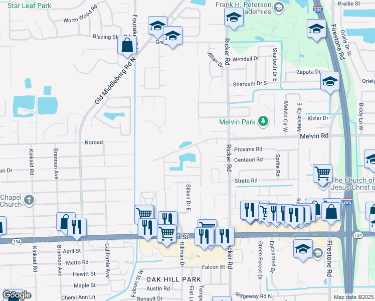 map of restaurants, bars, coffee shops, grocery stores, and more near 7766 Melvin Road in Jacksonville