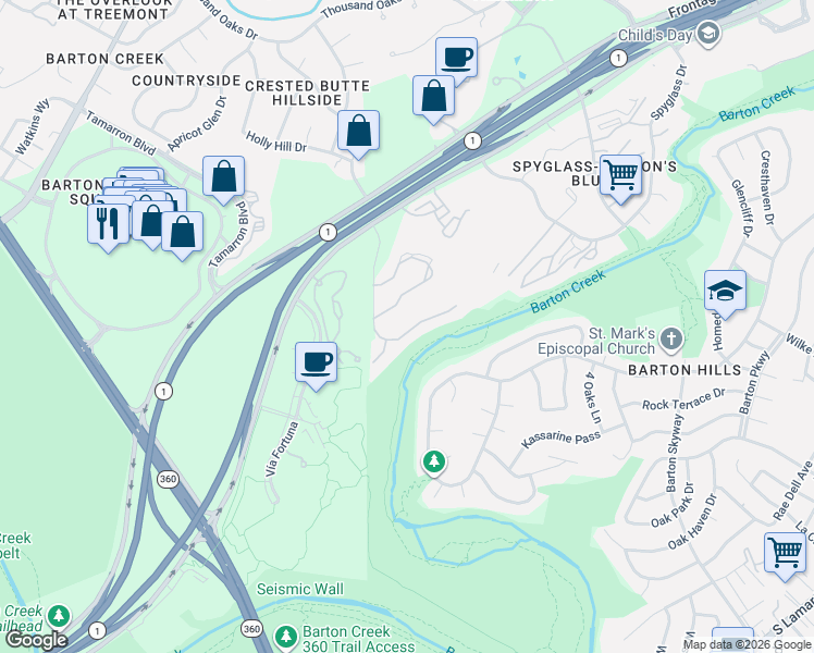 map of restaurants, bars, coffee shops, grocery stores, and more near 2710 Bartons Bluff Lane in Austin