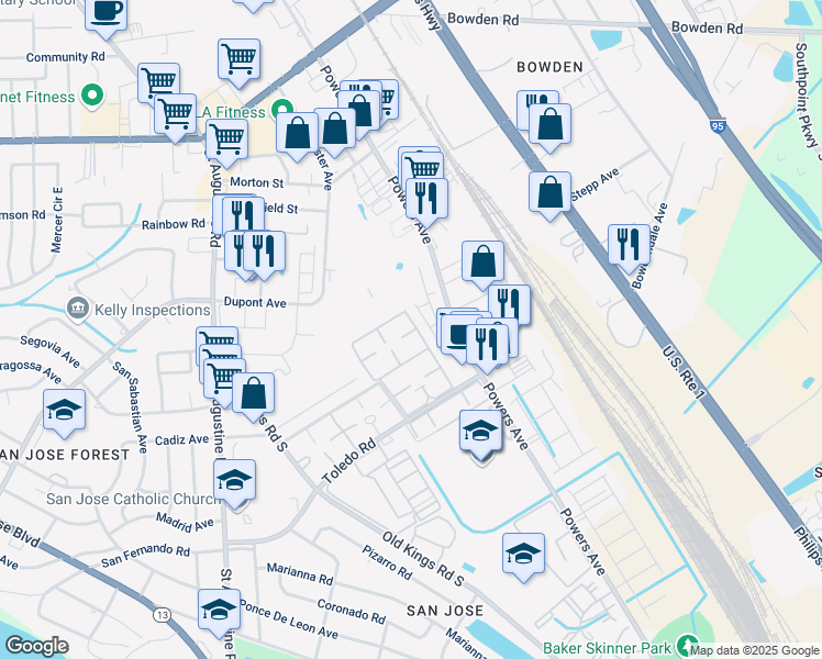 map of restaurants, bars, coffee shops, grocery stores, and more near 101 Powers Avenue in Jacksonville