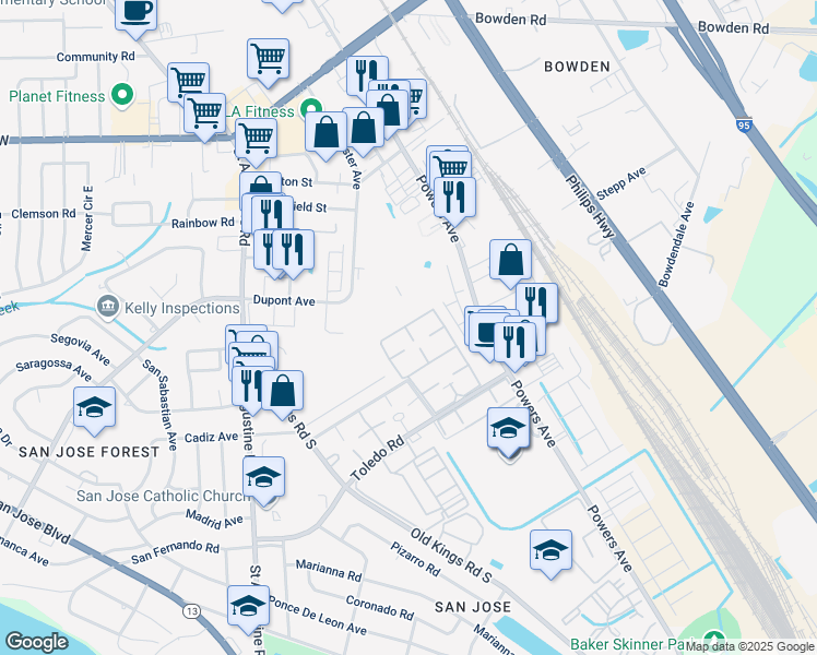 map of restaurants, bars, coffee shops, grocery stores, and more near 3918 La Mirada Drive North in Jacksonville