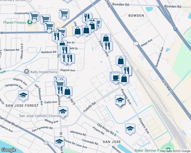 map of restaurants, bars, coffee shops, grocery stores, and more near 3918 La Mirada Drive North in Jacksonville