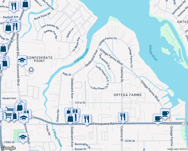 map of restaurants, bars, coffee shops, grocery stores, and more near 4873 Lofty Pines Circle West in Jacksonville