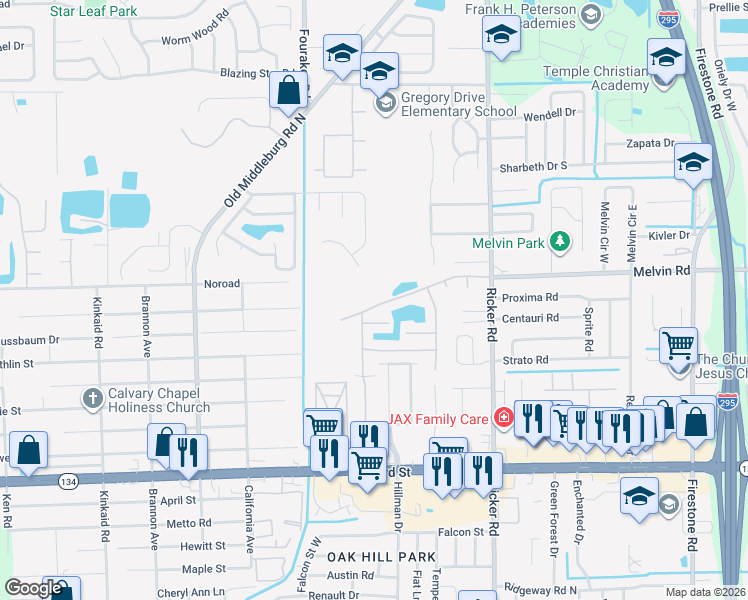 map of restaurants, bars, coffee shops, grocery stores, and more near 7855 Melvin Road in Jacksonville