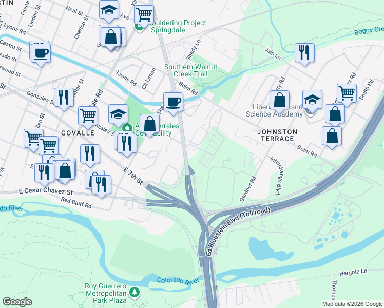 map of restaurants, bars, coffee shops, grocery stores, and more near 771 Airport Boulevard in Austin