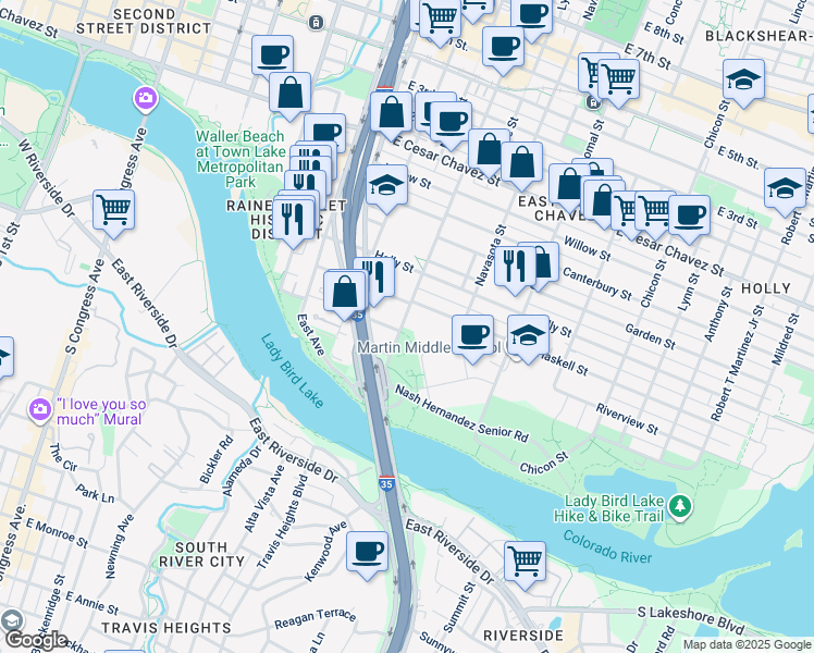 map of restaurants, bars, coffee shops, grocery stores, and more near 46 Waller Street in Austin