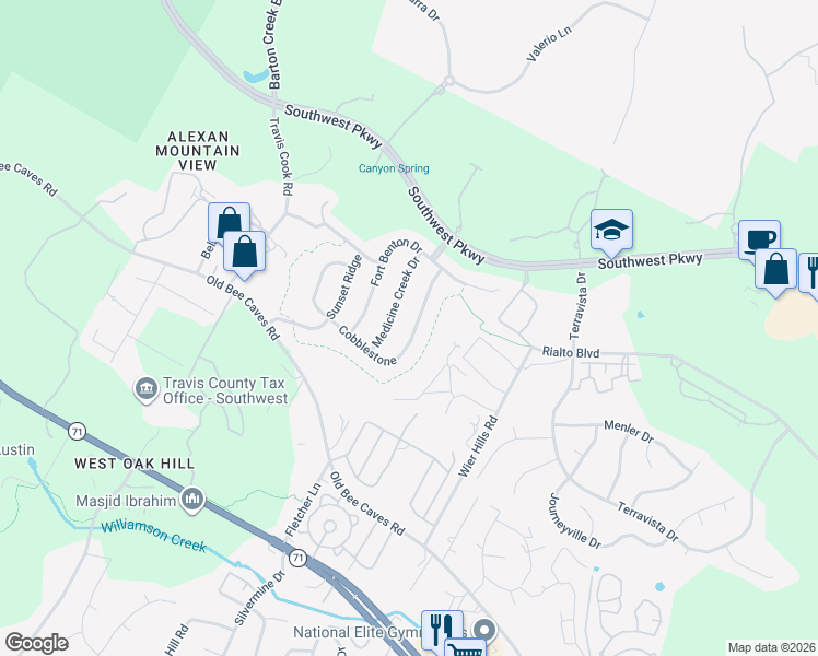 map of restaurants, bars, coffee shops, grocery stores, and more near 5725 Medicine Creek Drive in Austin