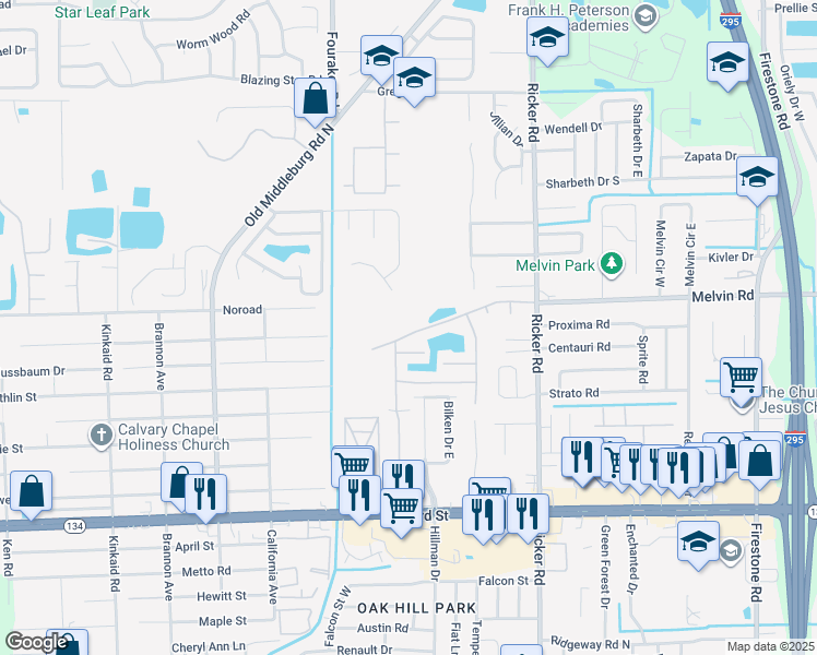 map of restaurants, bars, coffee shops, grocery stores, and more near 7855 Melvin Road in Jacksonville