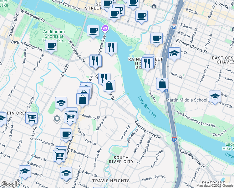 map of restaurants, bars, coffee shops, grocery stores, and more near 300 East Riverside Drive in Austin