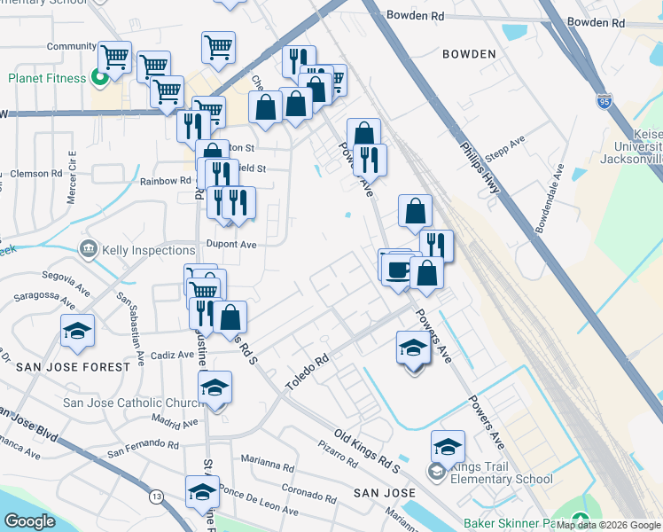 map of restaurants, bars, coffee shops, grocery stores, and more near 3918 La Mirada Drive North in Jacksonville