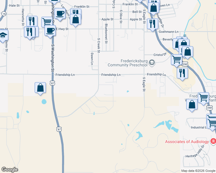 map of restaurants, bars, coffee shops, grocery stores, and more near 117 Aidan Trail in Fredericksburg
