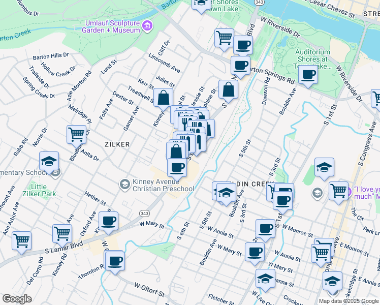 map of restaurants, bars, coffee shops, grocery stores, and more near 1108 South Lamar Boulevard in Austin