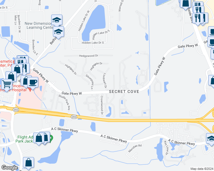 map of restaurants, bars, coffee shops, grocery stores, and more near 3939 Lionheart Drive in Jacksonville