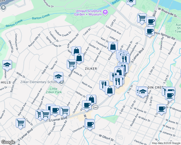 map of restaurants, bars, coffee shops, grocery stores, and more near 1507 Garner Avenue in Austin