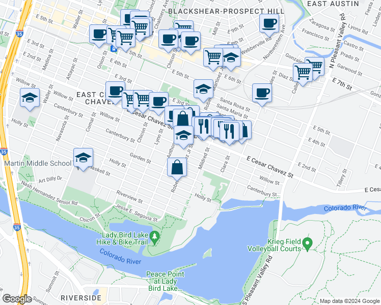 map of restaurants, bars, coffee shops, grocery stores, and more near 2201 Willow Street in Austin