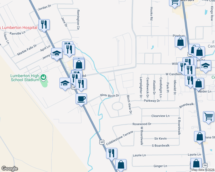map of restaurants, bars, coffee shops, grocery stores, and more near Chaple Creek Drive in Lumberton