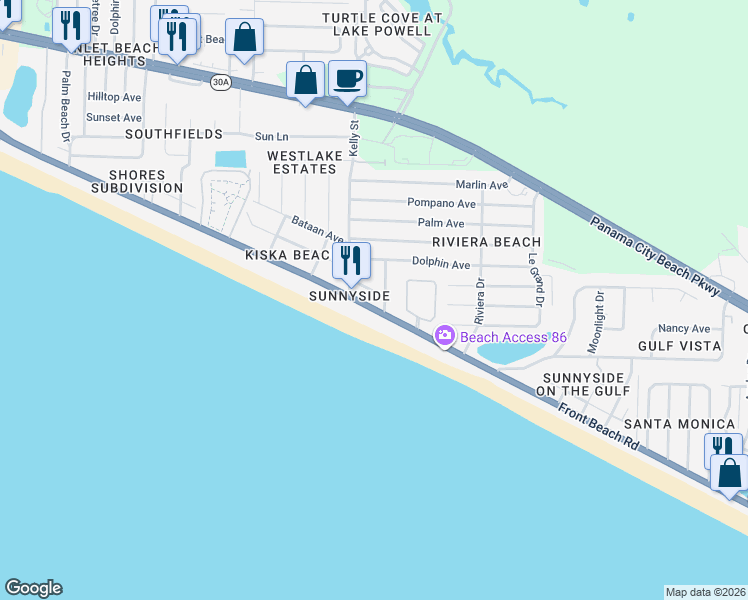 map of restaurants, bars, coffee shops, grocery stores, and more near 21826 Front Beach Road in Panama City Beach