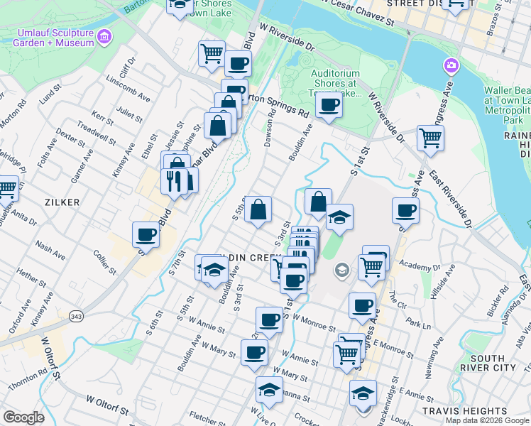 map of restaurants, bars, coffee shops, grocery stores, and more near Bouldin Ave & Columbus St in Austin