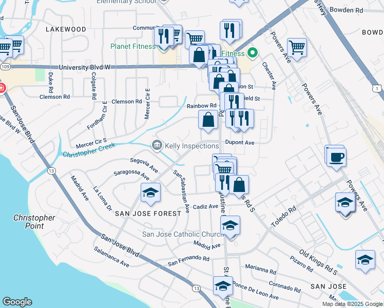 map of restaurants, bars, coffee shops, grocery stores, and more near 2920 Dupont Avenue in Jacksonville