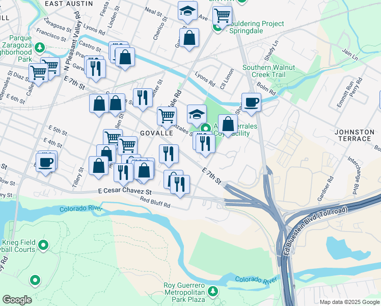 map of restaurants, bars, coffee shops, grocery stores, and more near 641 Mansell Avenue in Austin