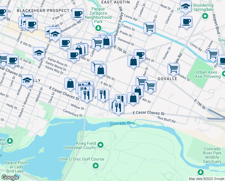 map of restaurants, bars, coffee shops, grocery stores, and more near 2907 East 4th Street in Austin