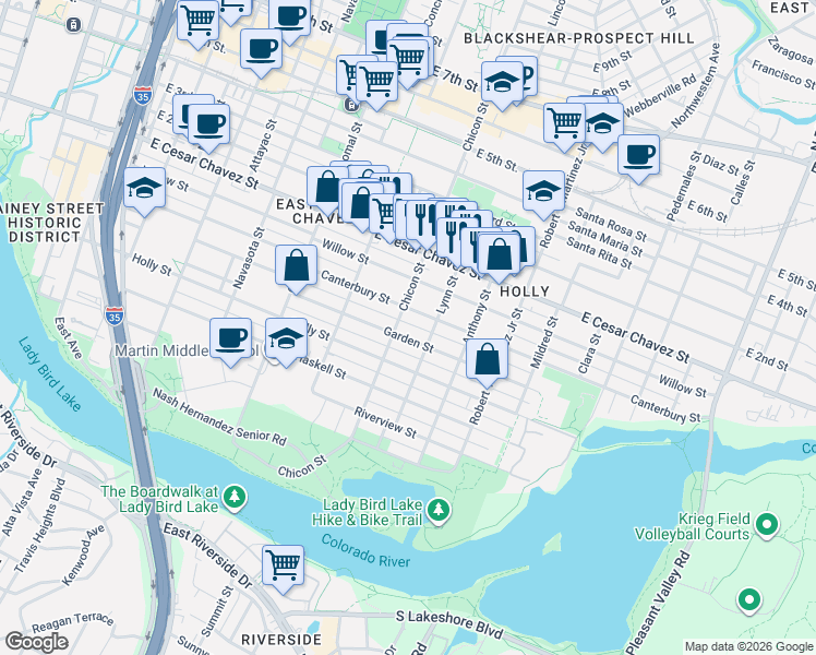 map of restaurants, bars, coffee shops, grocery stores, and more near 1907 Canterbury Street in Austin