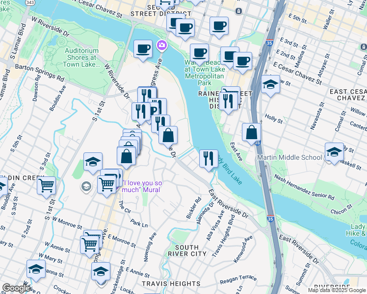 map of restaurants, bars, coffee shops, grocery stores, and more near 300 East Riverside Drive in Austin
