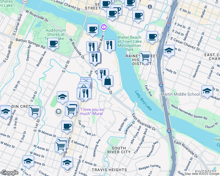 map of restaurants, bars, coffee shops, grocery stores, and more near 150-200 East Riverside Drive in Austin