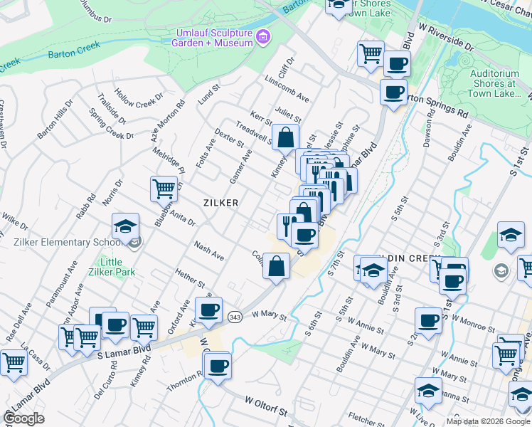 map of restaurants, bars, coffee shops, grocery stores, and more near 1213 Kinney Avenue in Austin