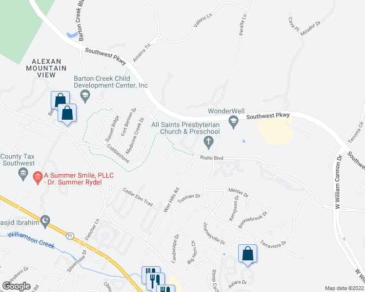 map of restaurants, bars, coffee shops, grocery stores, and more near 7901 Southwest Parkway in Austin