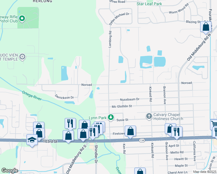 map of restaurants, bars, coffee shops, grocery stores, and more near Lambing Road in Jacksonville