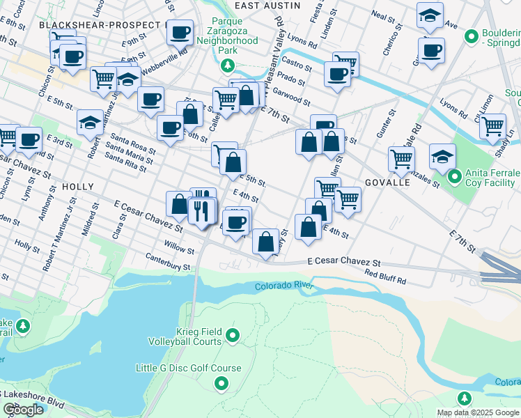 map of restaurants, bars, coffee shops, grocery stores, and more near 305 Linden Street in Austin
