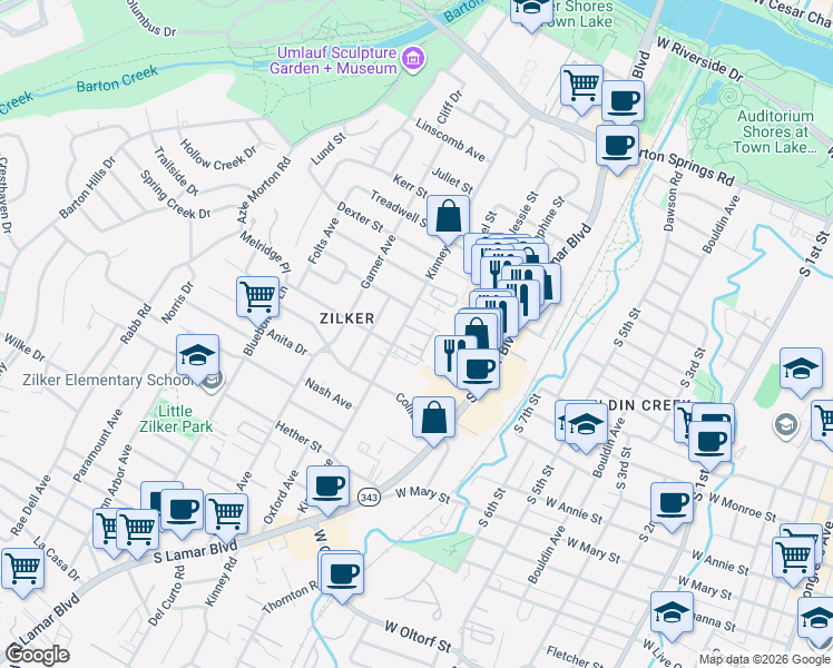 map of restaurants, bars, coffee shops, grocery stores, and more near 1213 Kinney Avenue in Austin