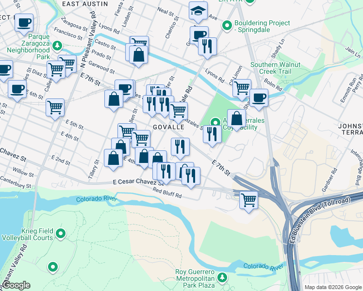 map of restaurants, bars, coffee shops, grocery stores, and more near 4711 East 7th Street in Austin