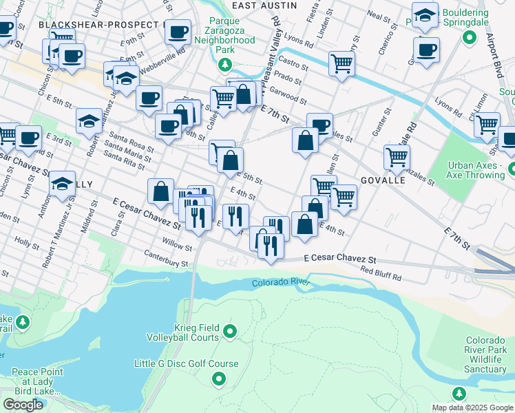 map of restaurants, bars, coffee shops, grocery stores, and more near 305 Linden Street in Austin